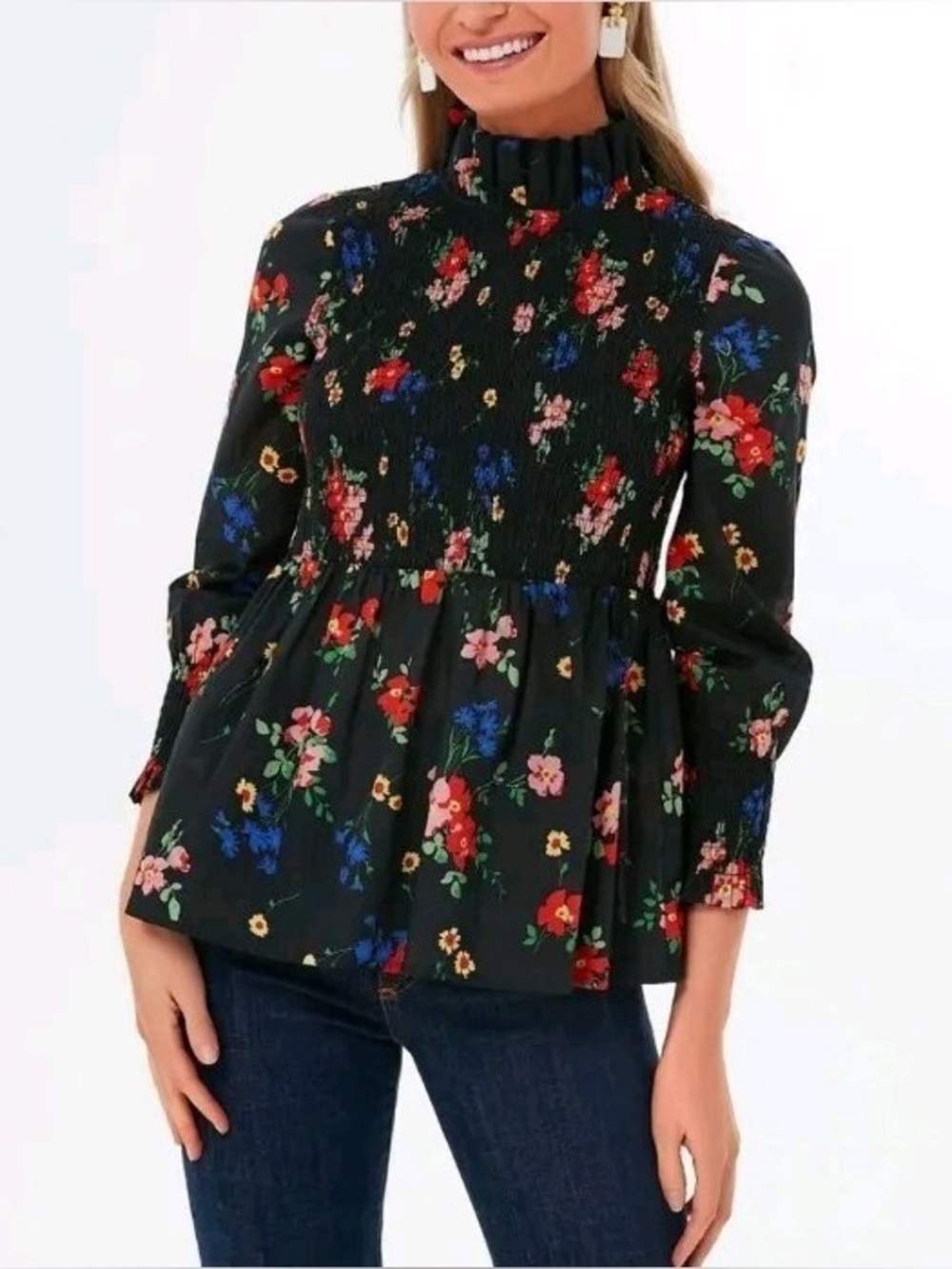 Tuckernuck After Light Amaryllis Rowen Floral Black Top Smocked Peplum